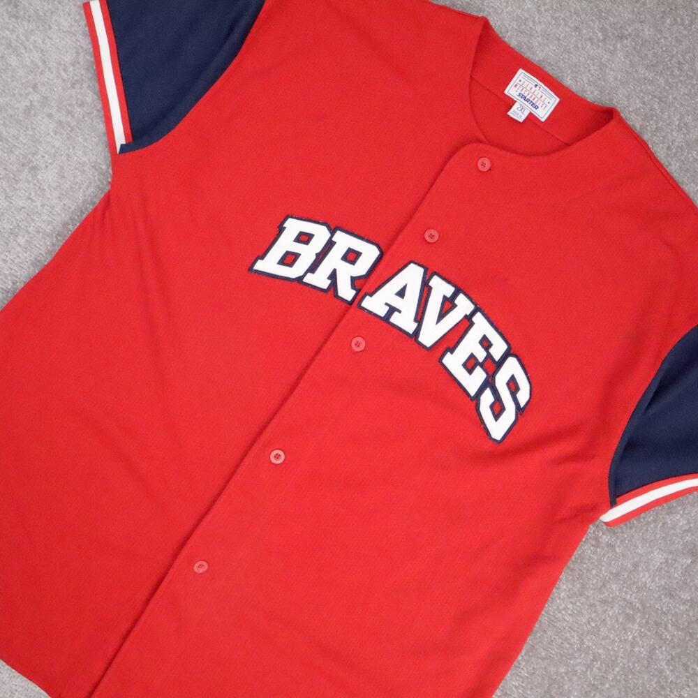 VTG Starter Atlanta Braves Baseball 2XL Red Short Sleeve Button Jersey Shirt - Picture 10 of 13